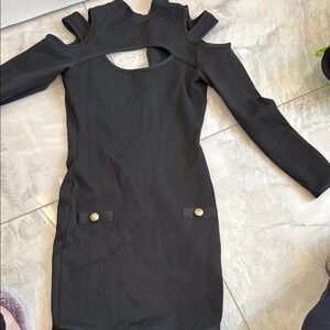 Black Bodycon Dress with Asymmetrical Neckline and Long Sleeves